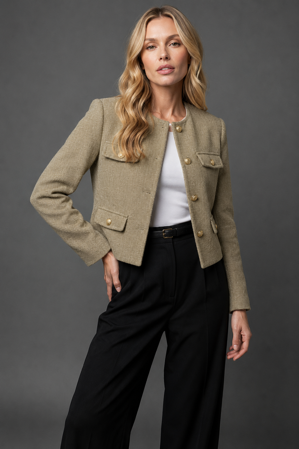 Sloane Women's Cropped Tweed-Look Blazer — Gold Buttons & Flap Pockets 13