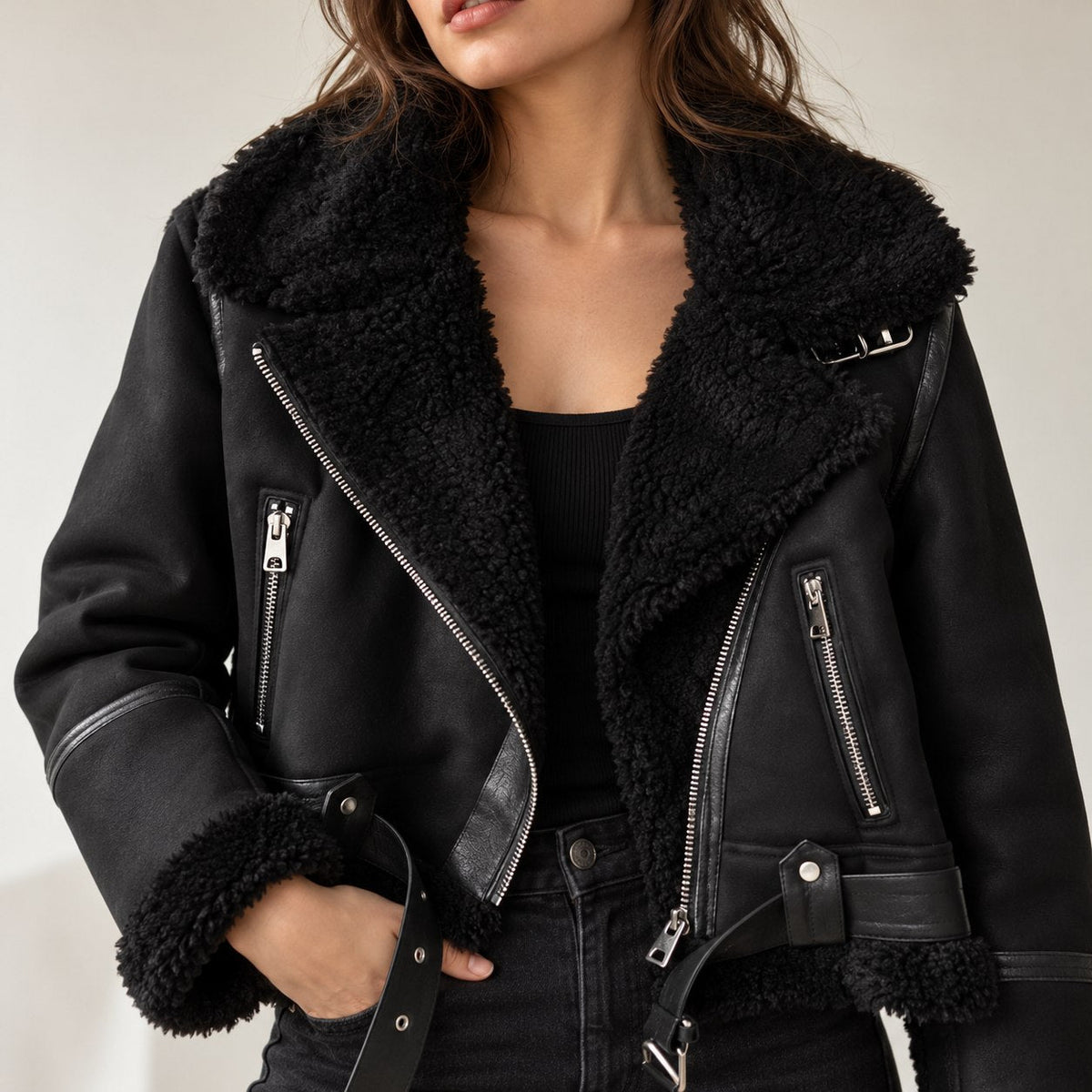 Rider Women's Cropped Faux Leather Biker Jacket — Sherpa-Look Lining 3