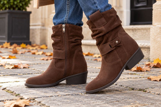 Brown suede-look slouch ankle boots worn with jeans on an autumn street — Hollis Morgan