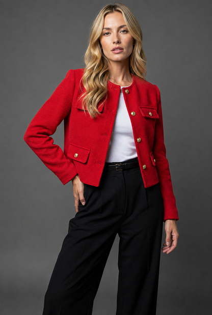 Sloane Women's Cropped Tweed-Look Blazer — Gold Buttons & Flap Pockets 10