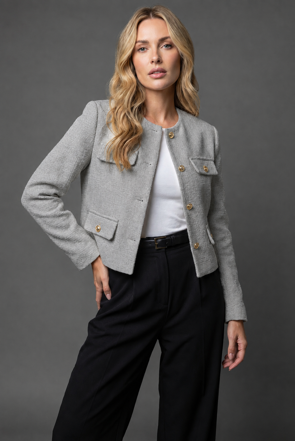 Sloane Women's Cropped Tweed-Look Blazer — Gold Buttons & Flap Pockets 11