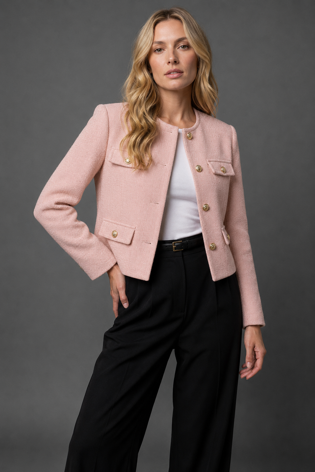 Sloane Women's Cropped Tweed-Look Blazer — Gold Buttons & Flap Pockets 12
