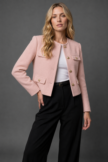 Sloane Women's Cropped Tweed-Look Blazer — Gold Buttons & Flap Pockets 12