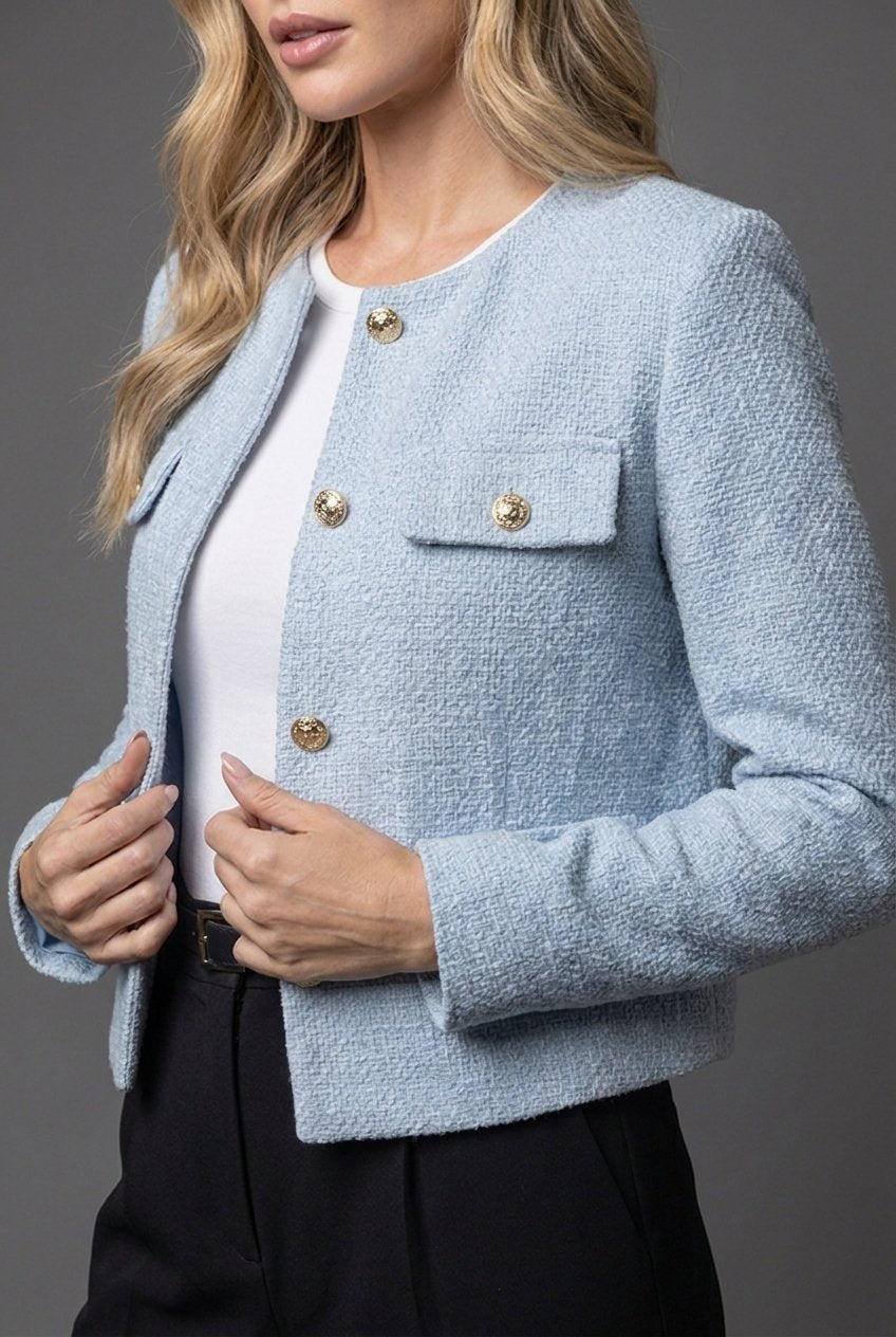 Sloane Women's Cropped Tweed-Look Blazer — Gold Buttons & Flap Pockets 3