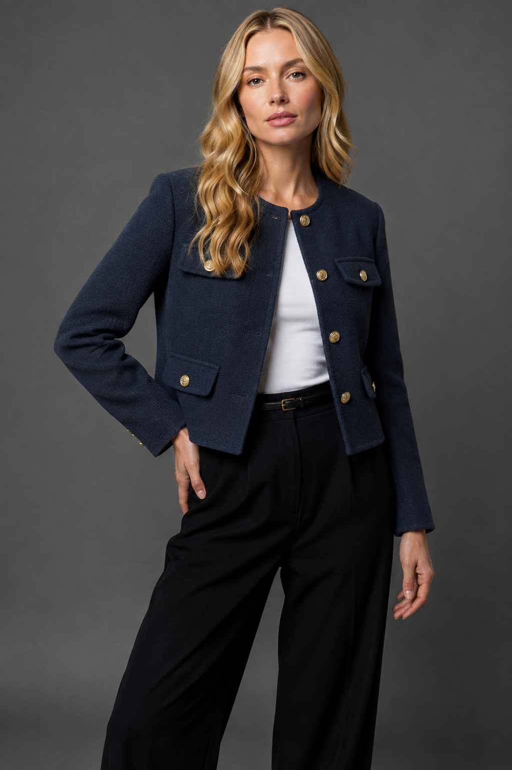 Sloane Women's Cropped Tweed-Look Blazer — Gold Buttons & Flap Pockets 7