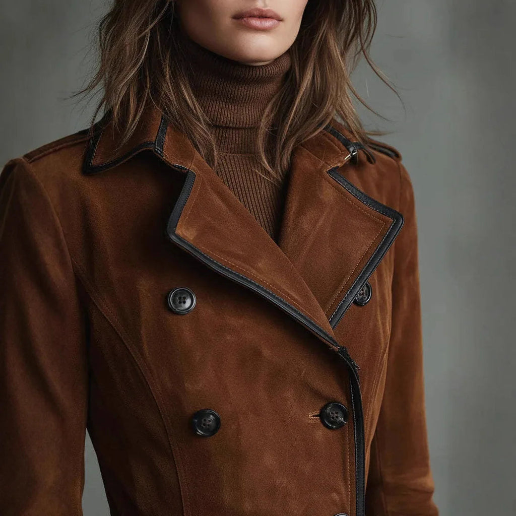 Faux Suede Trench Coat — Long A-Line Double Breasted Style 2