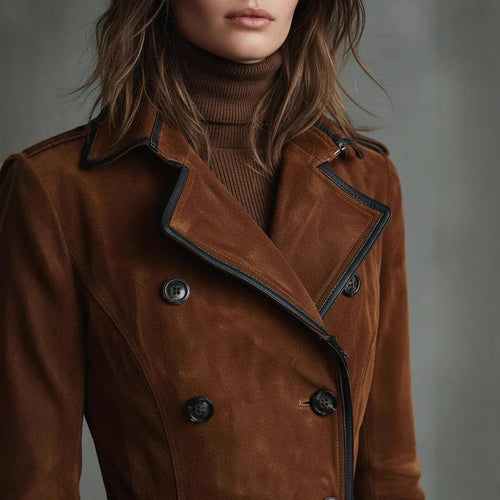 Faux Suede Trench Coat — Long A-Line Double Breasted Style 2