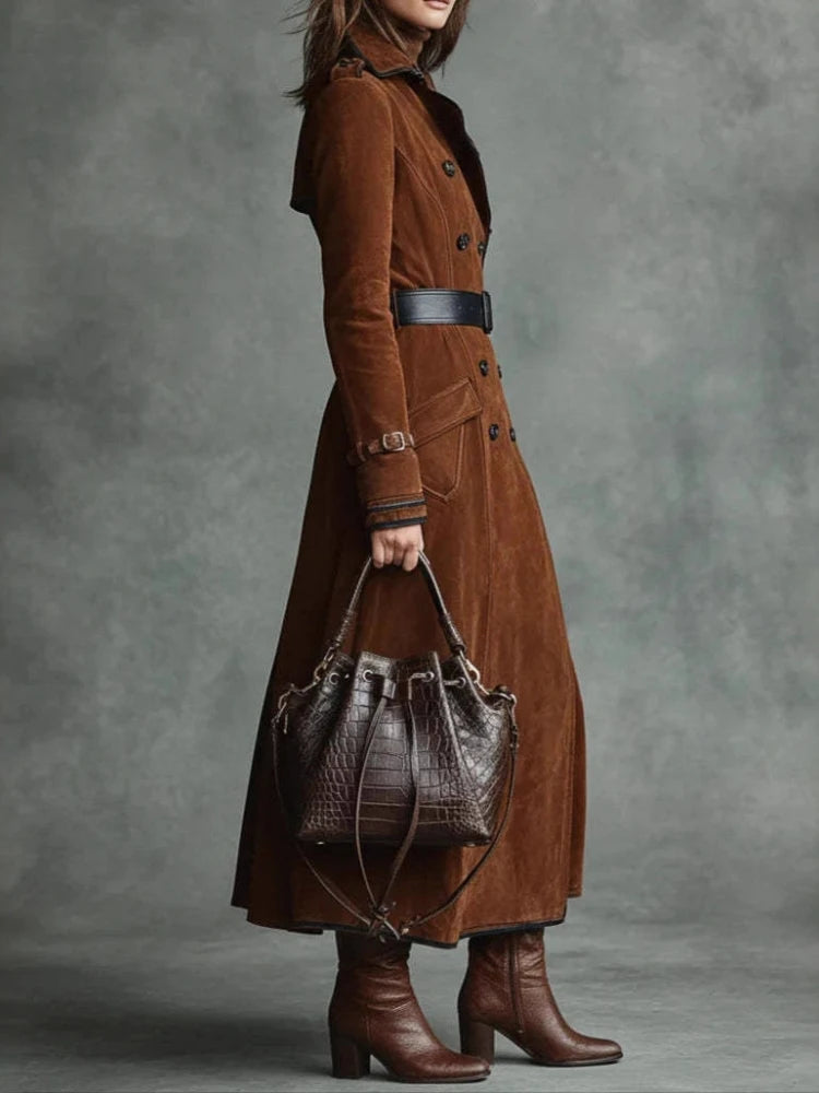 Faux Suede Trench Coat — Long A-Line Double Breasted Style 4