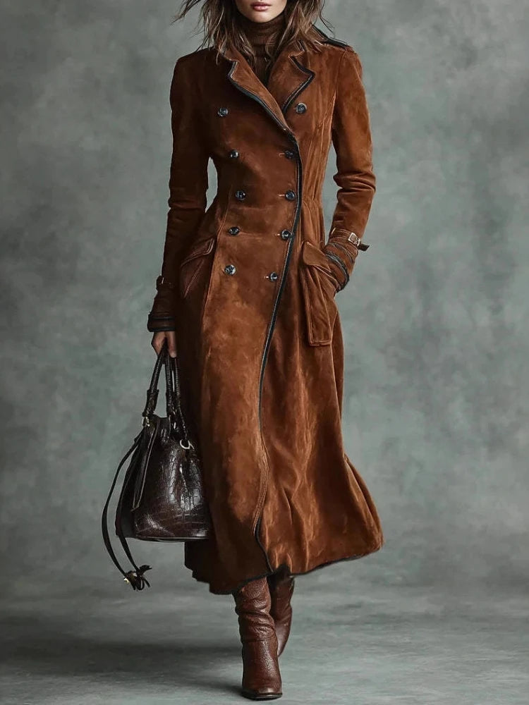Faux Suede Trench Coat — Long A-Line Double Breasted Style 1