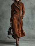 Faux Suede Trench Coat — Long A-Line Double Breasted Style 1
