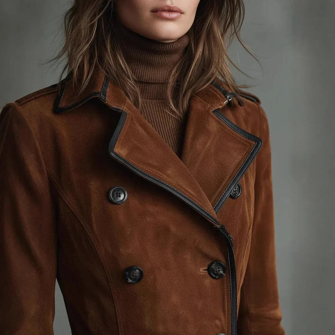 Annabel Women's Faux Suede Trench Coat — Long A-Line Double-Breasted 2