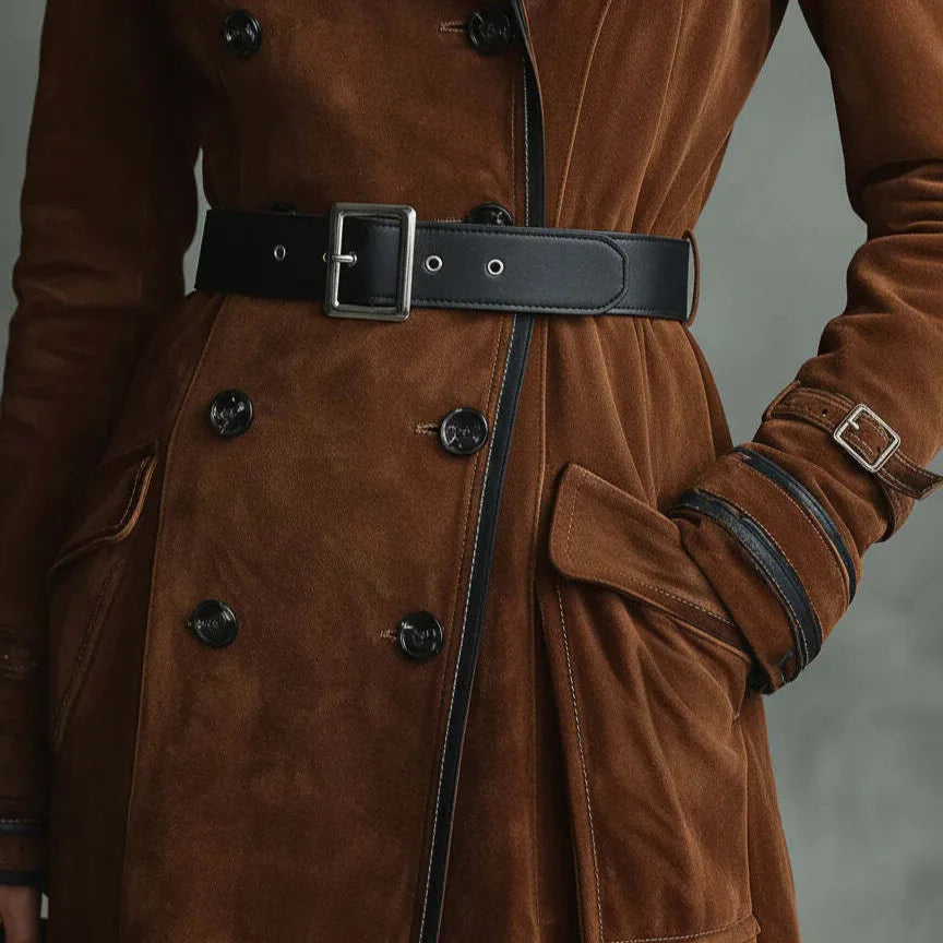 Annabel Women's Faux Suede Trench Coat — Long A-Line Double-Breasted 3