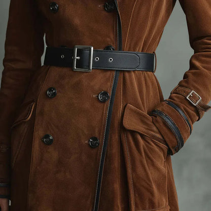 Annabel Women's Faux Suede Trench Coat — Long A-Line Double-Breasted 3