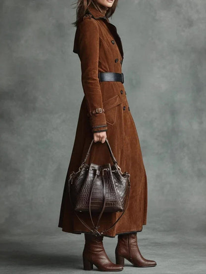 Annabel Women's Faux Suede Trench Coat — Long A-Line Double-Breasted 4