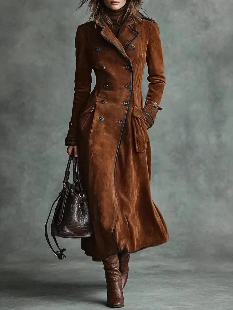 Annabel Women's Faux Suede Trench Coat — Long A-Line Double-Breasted 1