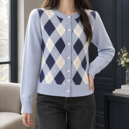 Eton Women's Argyle Cardigan — Round Neck, Cropped Fit & Cream Buttons 3