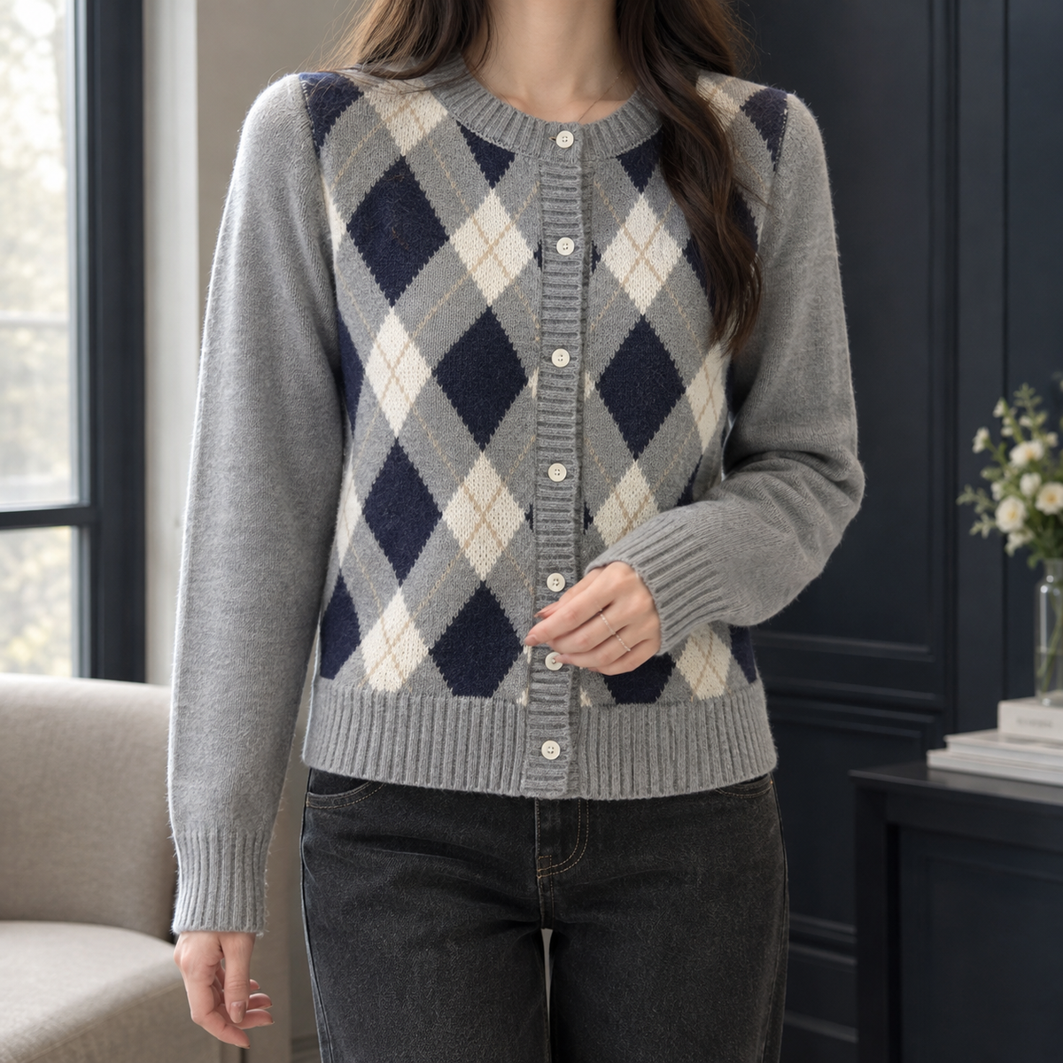 Eton Women's Argyle Cardigan — Round Neck, Cropped Fit & Cream Buttons 1