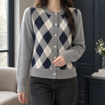 Eton Women's Argyle Cardigan — Round Neck, Cropped Fit & Cream Buttons 1