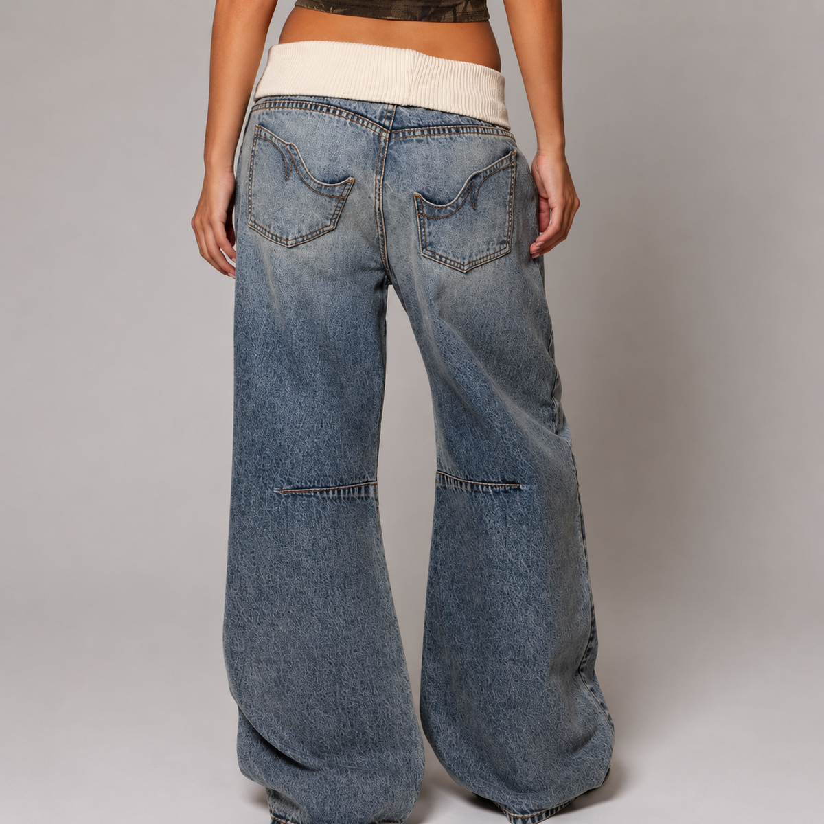 Baggy Wide-Leg Jeans — Ribbed Waistband Urban Streetwear 2