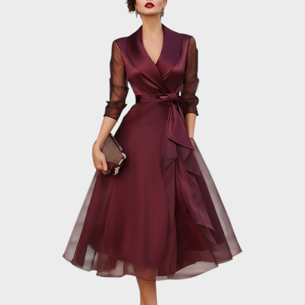 Burgundy Midi Wrap Dress — Mesh Sleeves & Waist Belt 3