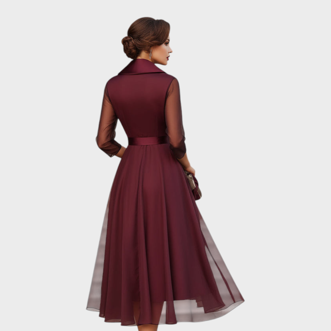 Burgundy Midi Wrap Dress — Mesh Sleeves & Waist Belt 4
