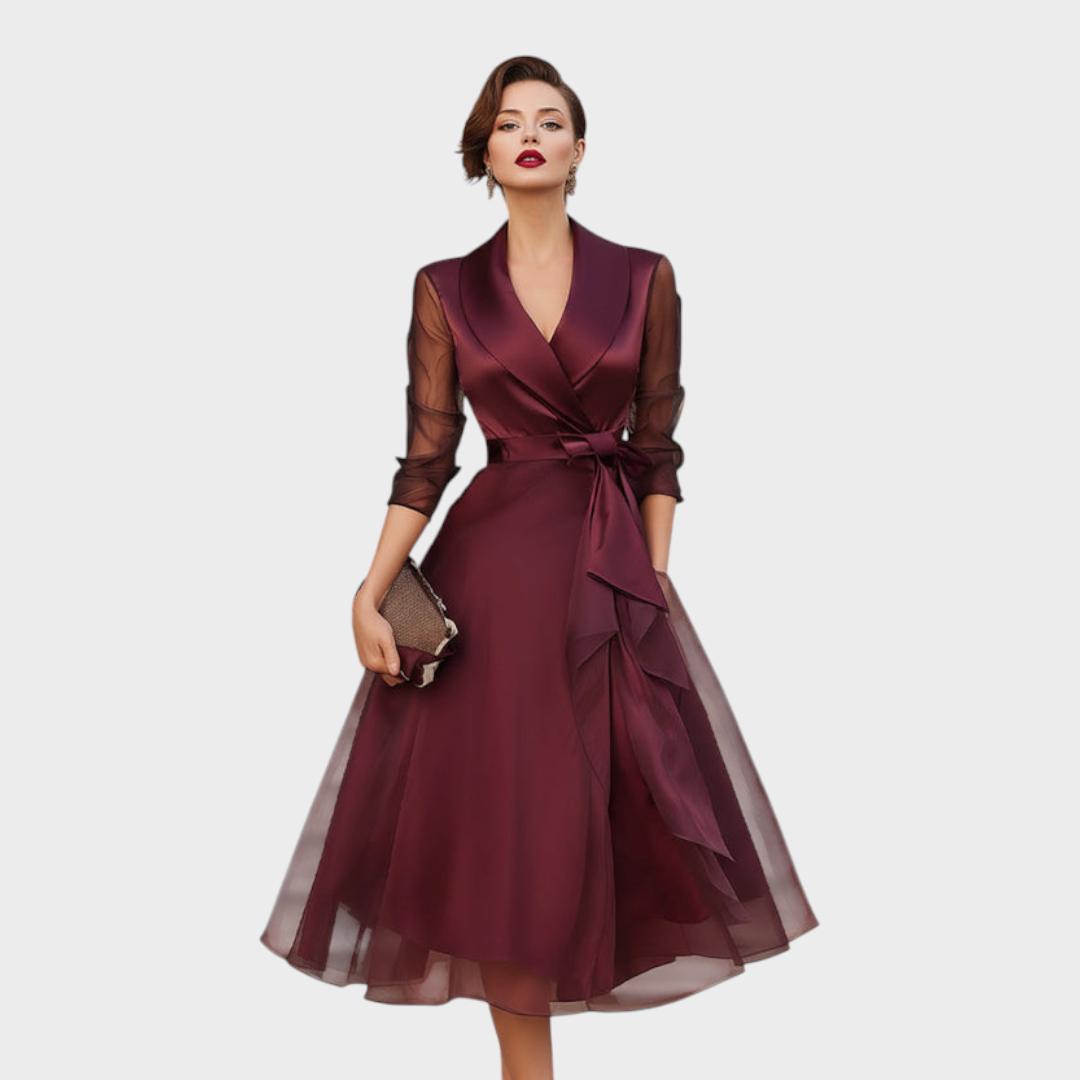 Burgundy Midi Wrap Dress — Mesh Sleeves & Waist Belt 5