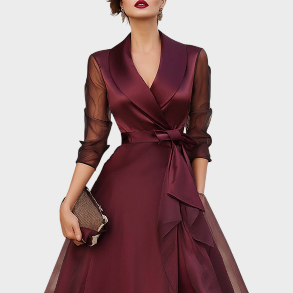 Burgundy Midi Wrap Dress — Mesh Sleeves & Waist Belt 6