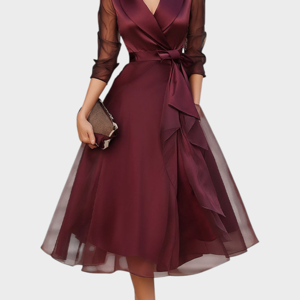 Burgundy Midi Wrap Dress — Mesh Sleeves & Waist Belt 7