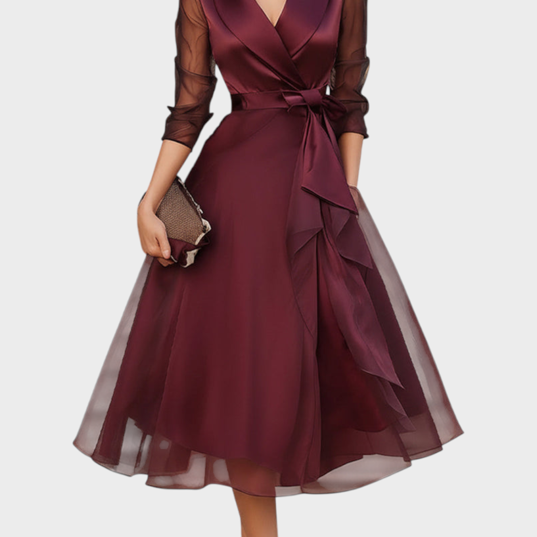 Burgundy Midi Wrap Dress — Mesh Sleeves & Waist Belt 7