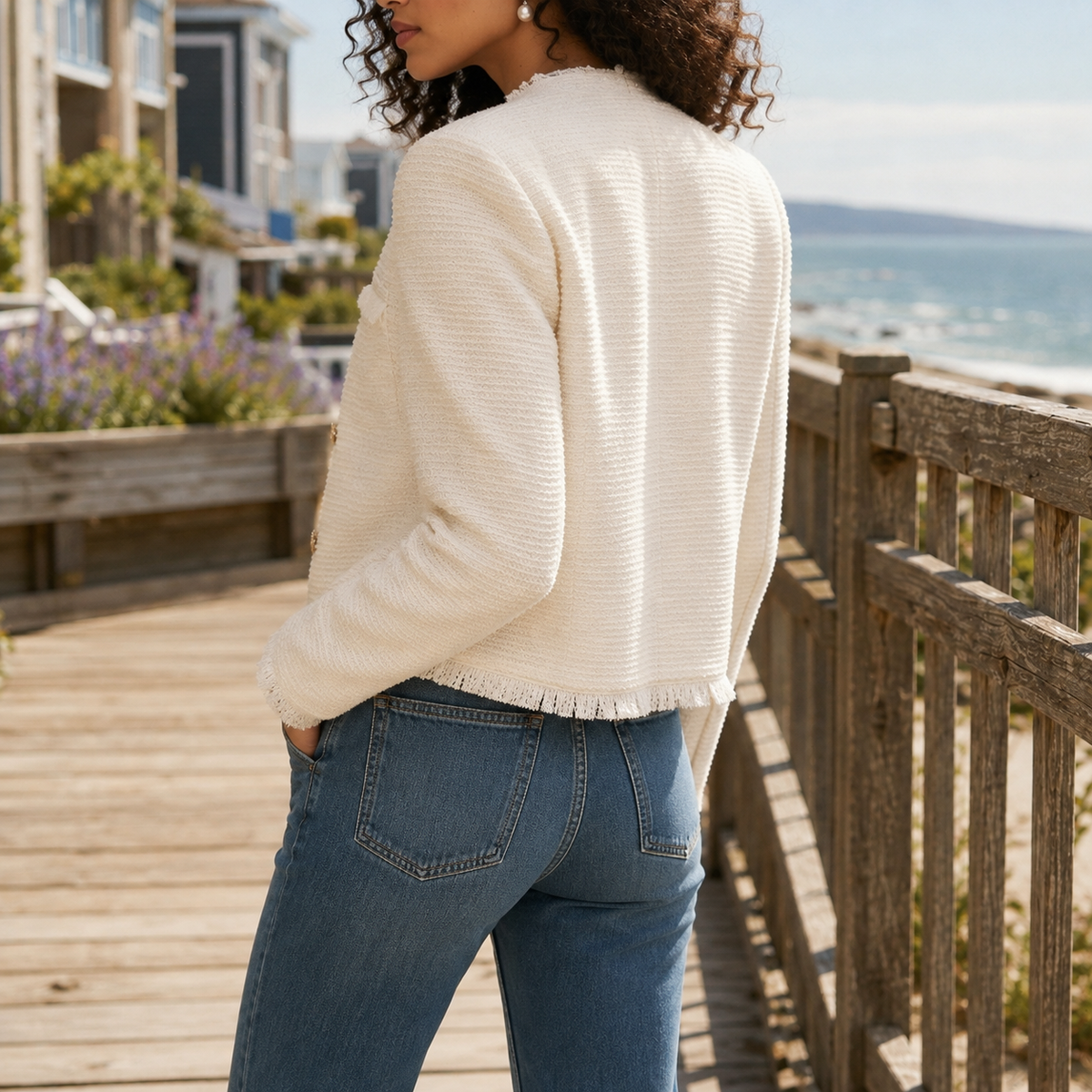 Calla Textured Jacket — Cropped Collarless Fringe Detail 2