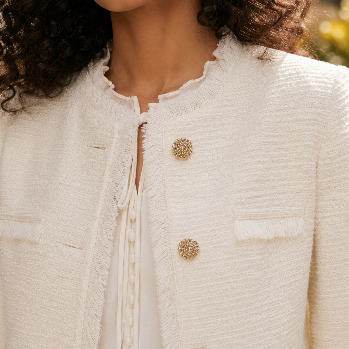 Calla Textured Jacket — Cropped Collarless Fringe Detail 3