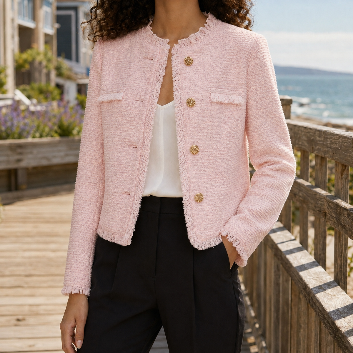 Calla Textured Jacket — Cropped Collarless Fringe Detail 4