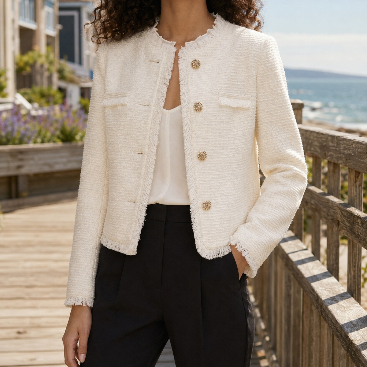 Calla Textured Jacket — Cropped Collarless Fringe Detail 1