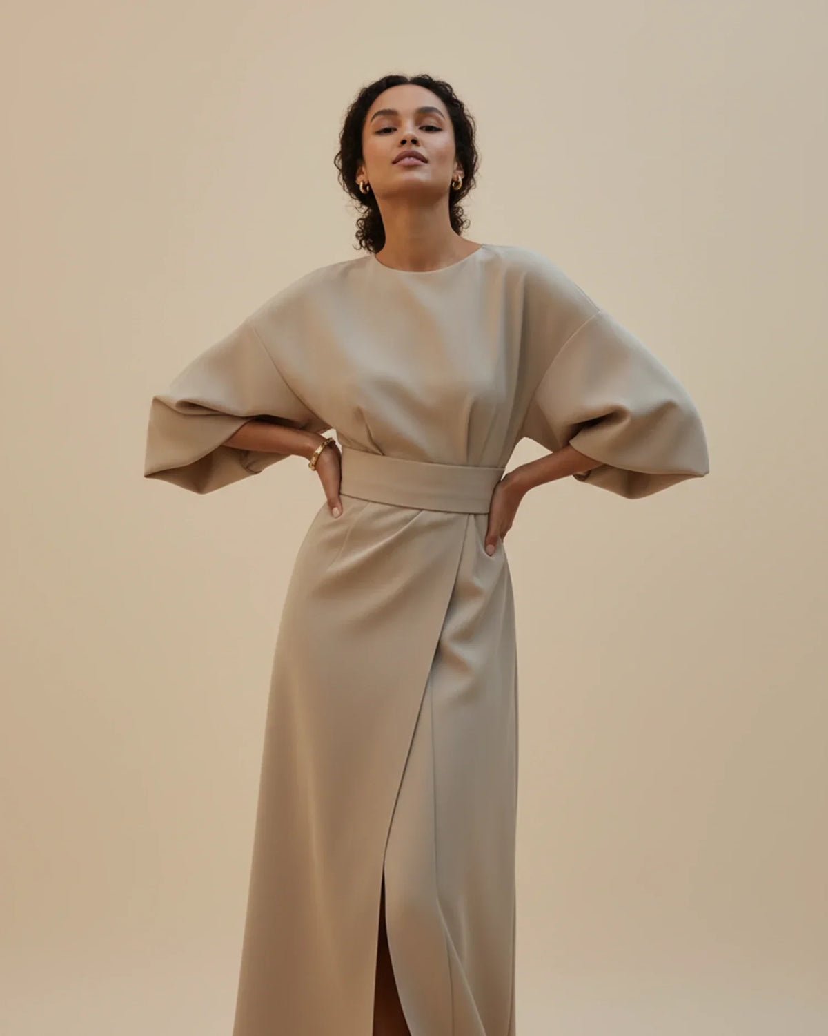 Clementine Women's Belted Wrap Midi Dress — Puff Sleeves 11