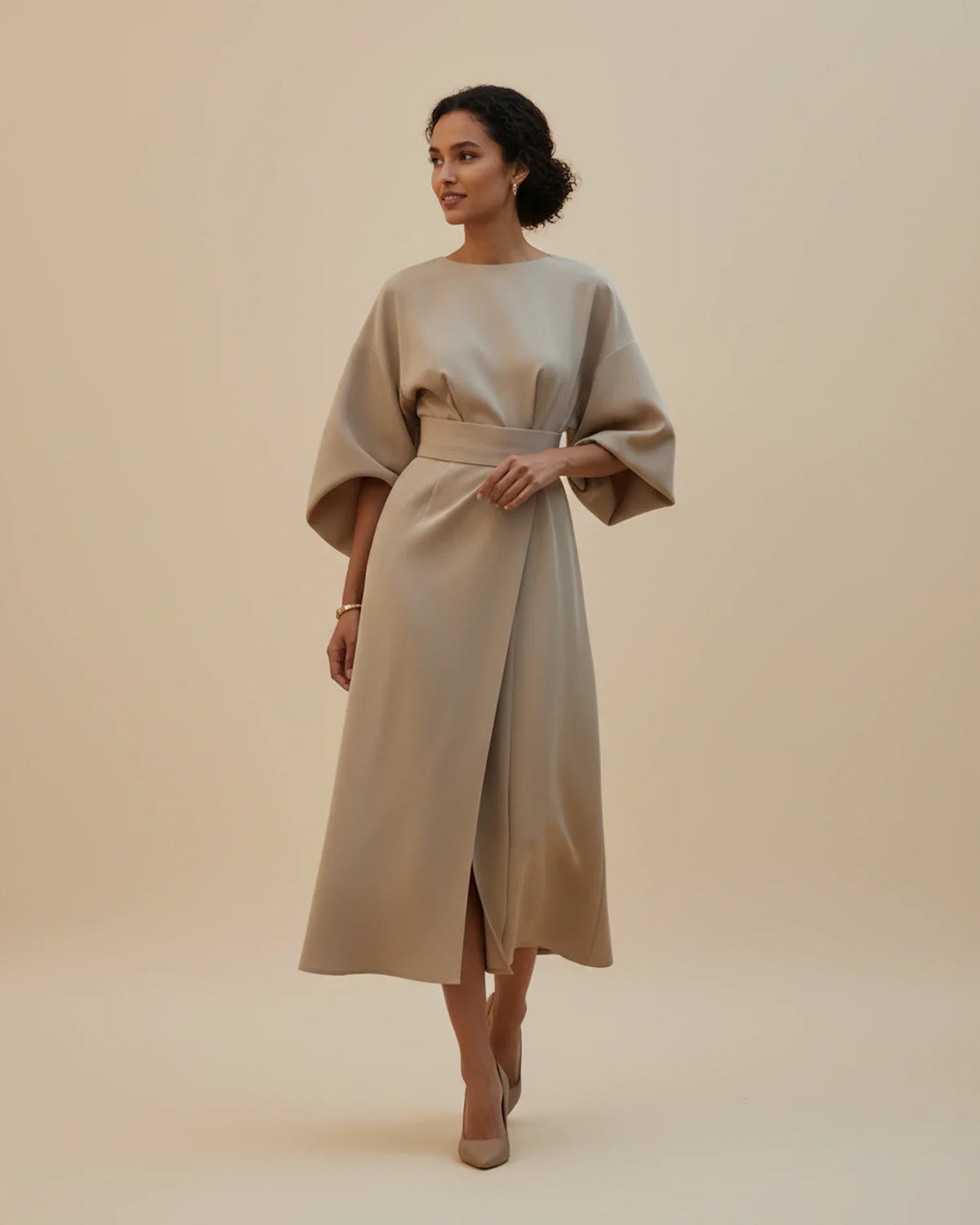 Clementine Women's Belted Wrap Midi Dress — Puff Sleeves 12