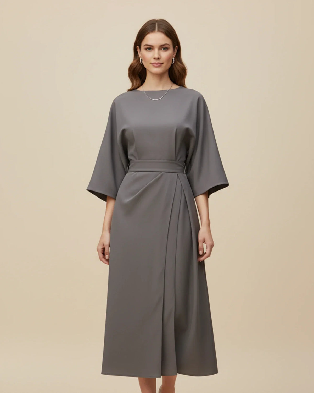 Clementine Women's Belted Wrap Midi Dress — Puff Sleeves 13