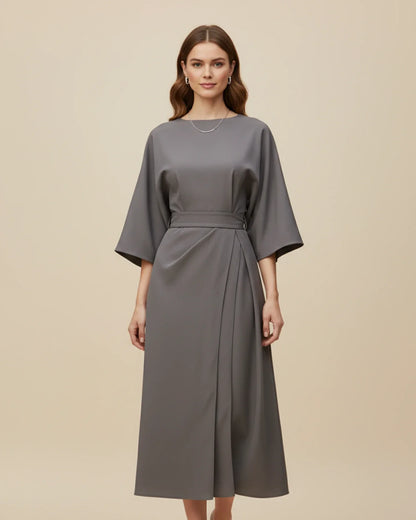 Clementine Women's Belted Wrap Midi Dress — Puff Sleeves 13