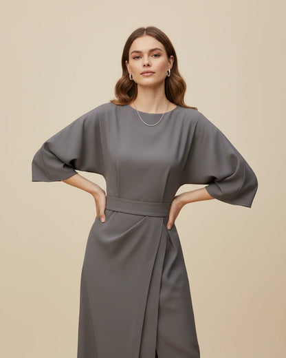 Clementine Women's Belted Wrap Midi Dress — Puff Sleeves 14