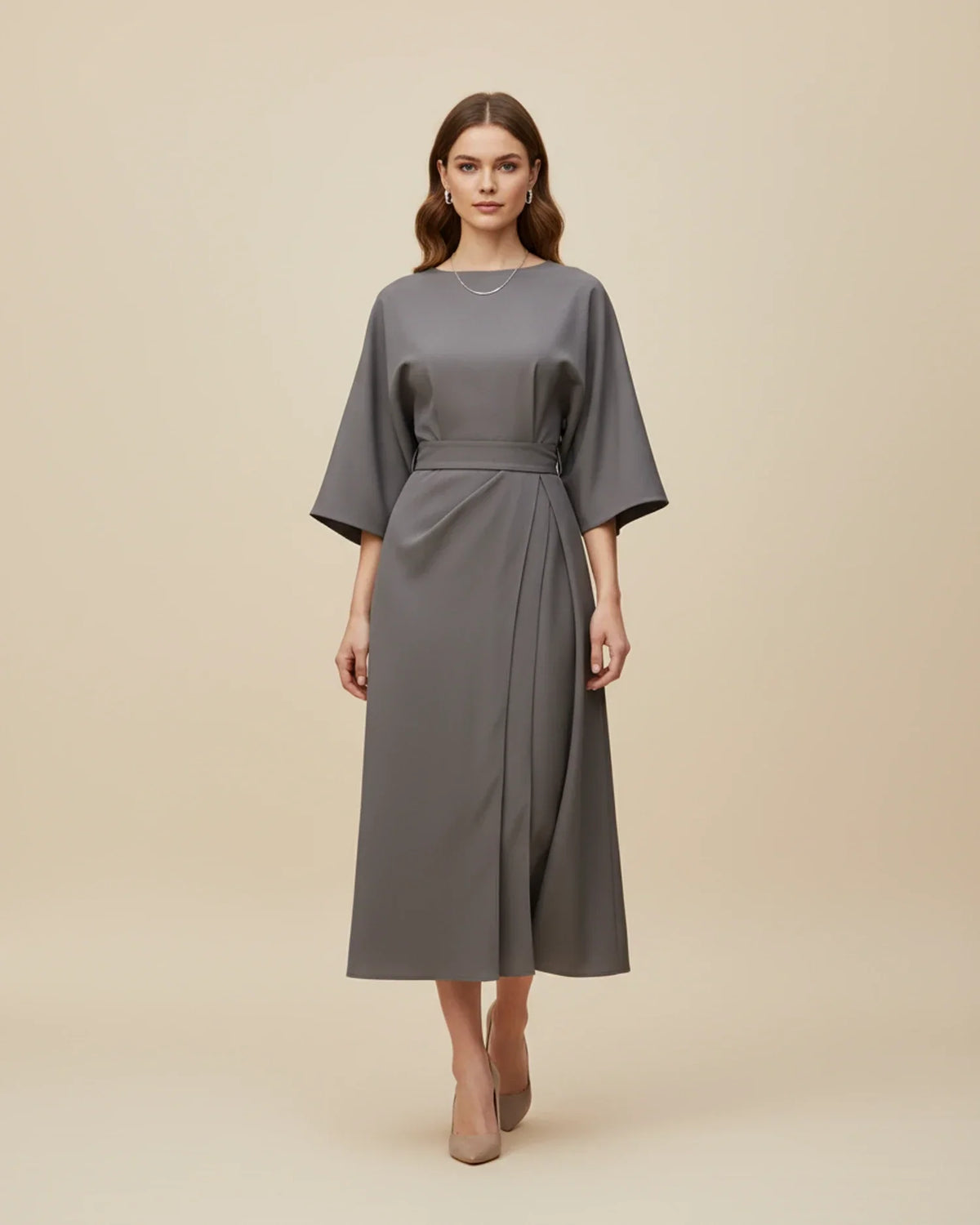 Clementine Women's Belted Wrap Midi Dress — Puff Sleeves 15