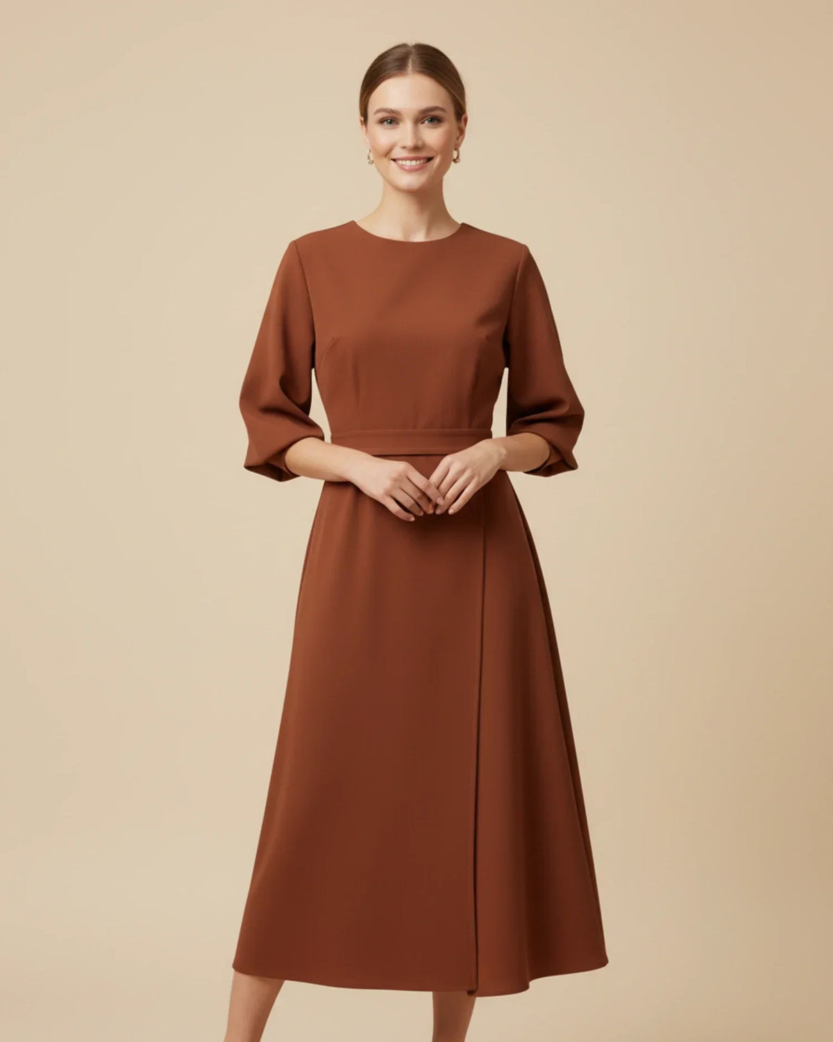 Clementine Women's Belted Wrap Midi Dress — Puff Sleeves 16