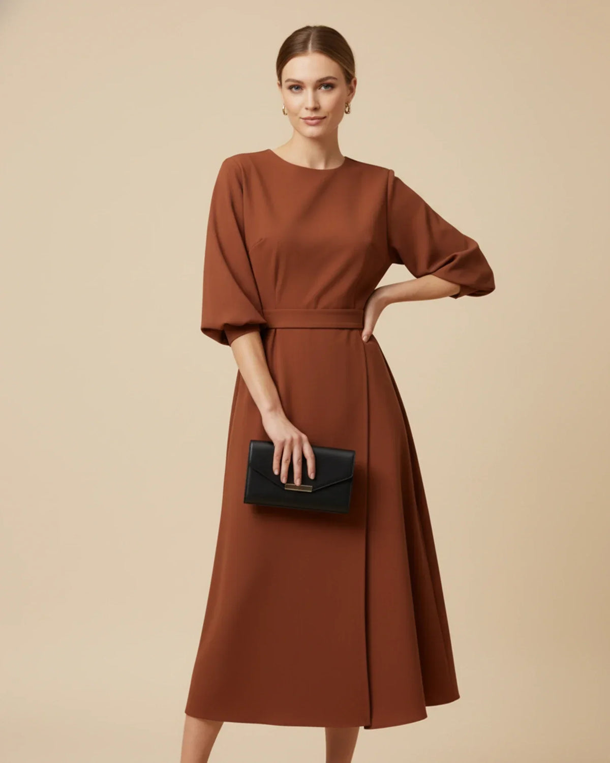 Clementine Women's Belted Wrap Midi Dress — Puff Sleeves 17