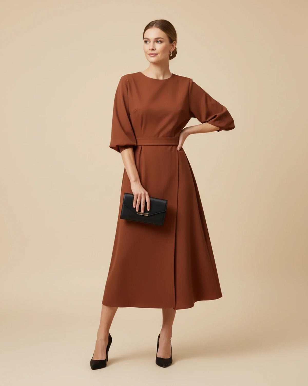 Clementine Women's Belted Wrap Midi Dress — Puff Sleeves 18