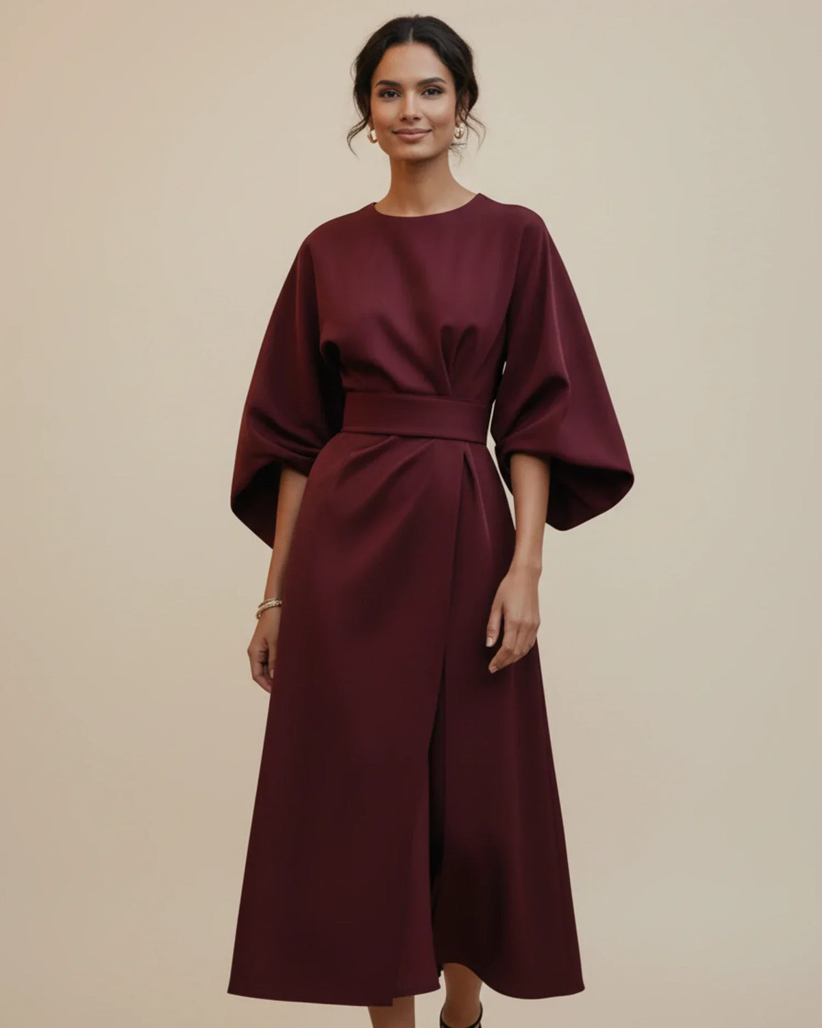 Clementine Women's Belted Wrap Midi Dress — Puff Sleeves 19