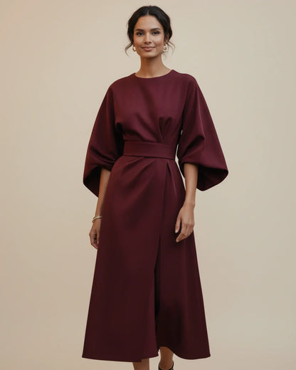 Clementine Women's Belted Wrap Midi Dress — Puff Sleeves 19