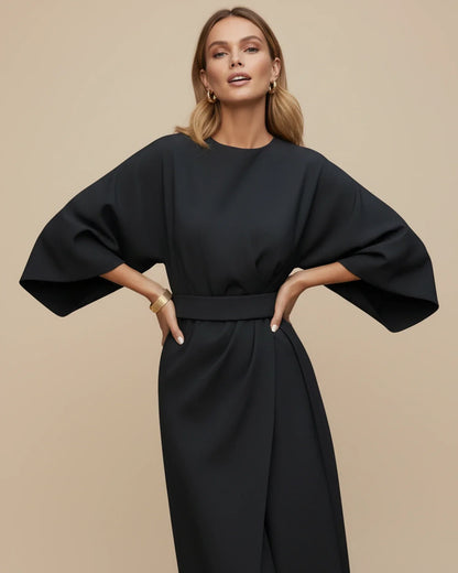 Clementine Women's Belted Wrap Midi Dress — Puff Sleeves 2