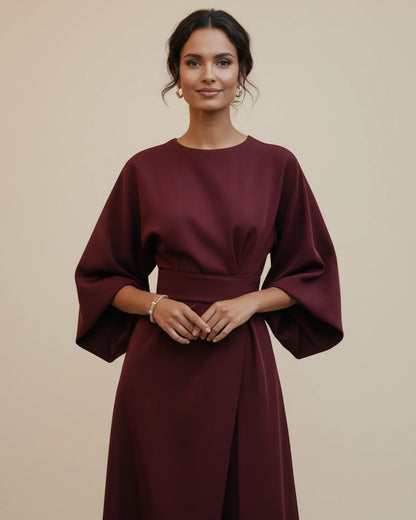 Clementine Women's Belted Wrap Midi Dress — Puff Sleeves 20