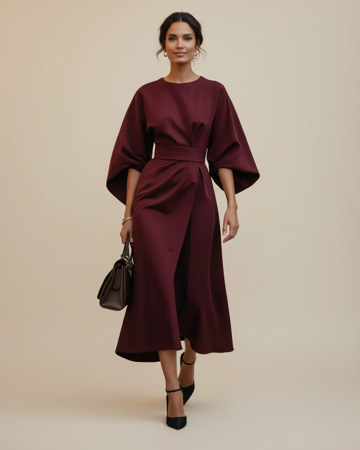 Clementine Women's Belted Wrap Midi Dress — Puff Sleeves 21