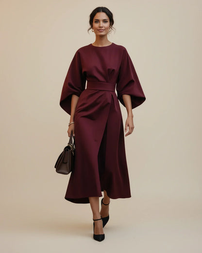 Clementine Women's Belted Wrap Midi Dress — Puff Sleeves 21