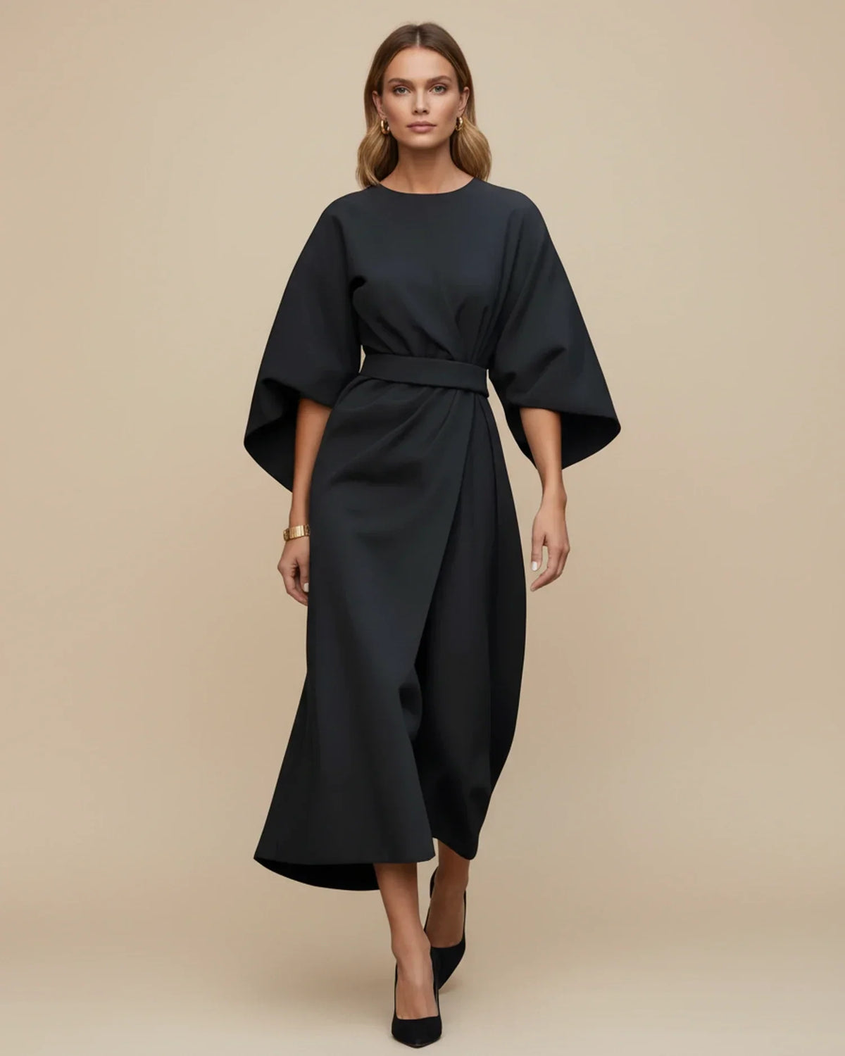 Clementine Women's Belted Wrap Midi Dress — Puff Sleeves 3
