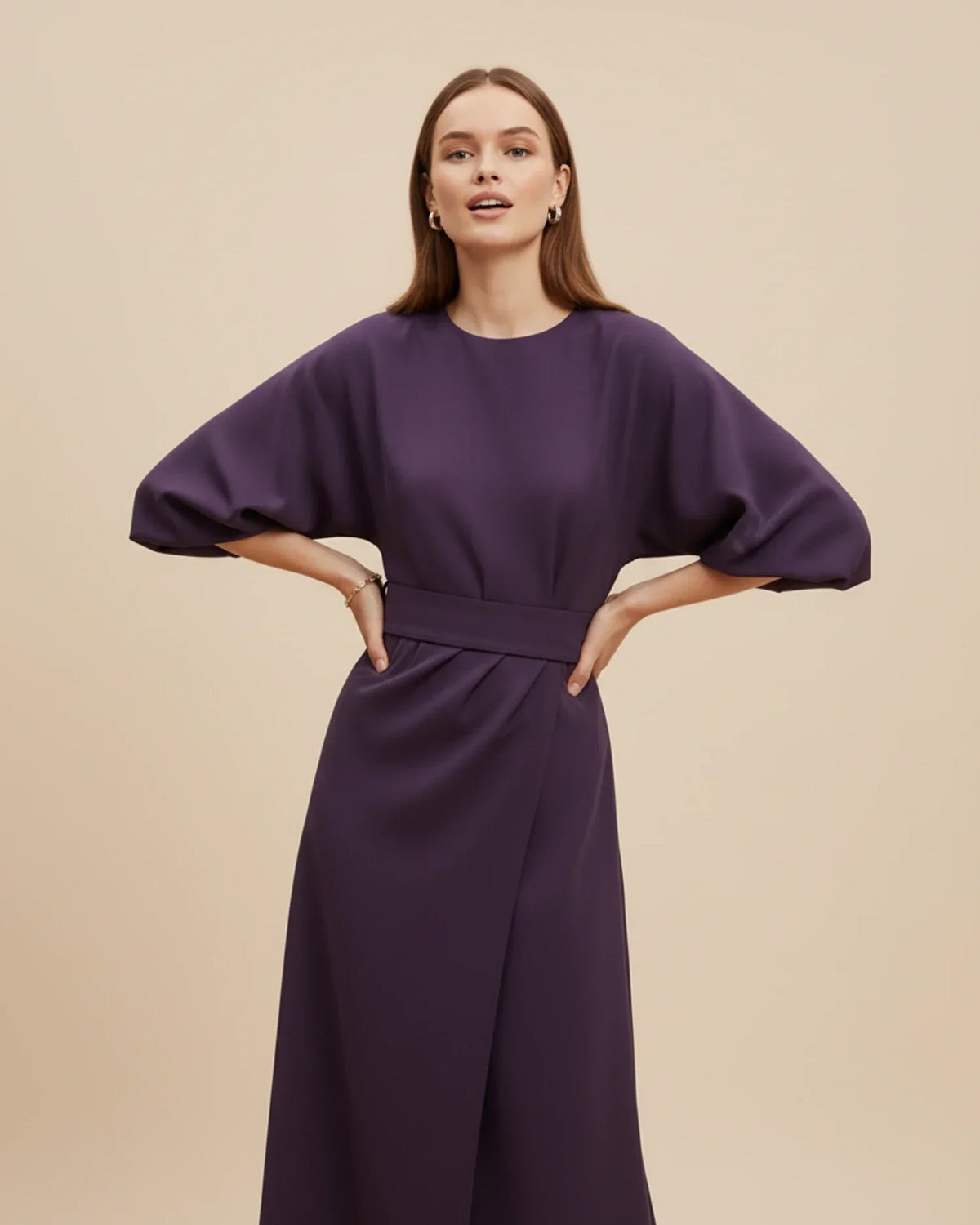 Clementine Women's Belted Wrap Midi Dress — Puff Sleeves 5